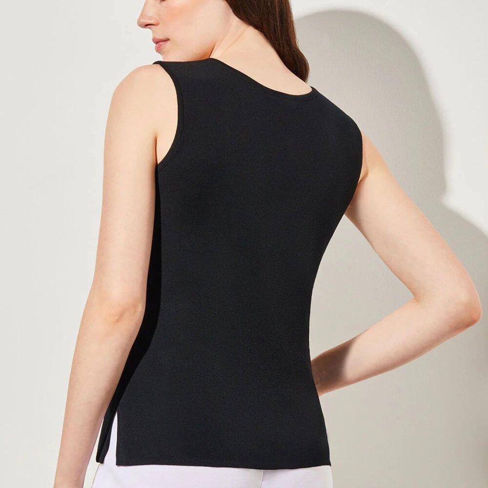 Ming Wang Mid-Length Scoop Neck Wrinkle-Resistant Knit Tank  Black Side Slits XS